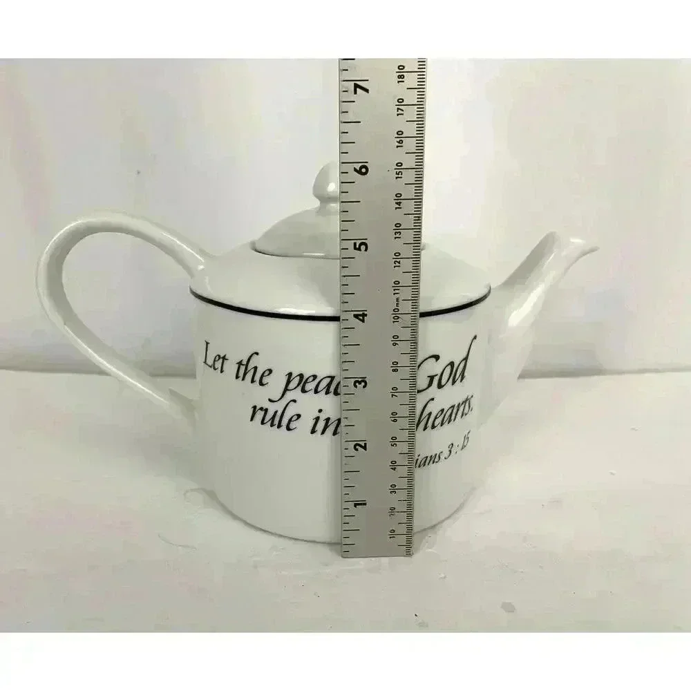 White Scripture Teapot Colossians 3:15‎ Peace of God Rule Hearts Microwave Safe